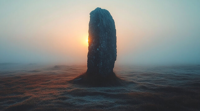 An ancient standing stone illuminated by the soft light of dawn, casting long shadows and highlighting its weathered texture. The peaceful and serene scene captures the timelessness of the stone, evok