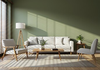 Living room interior with white sofa, chairs and sunlight through blinds