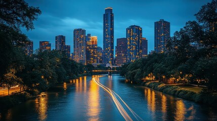Naklejka premium City skyline at twilight reflecting on calm river