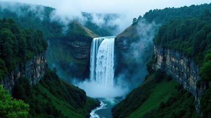 Waterfall in rocky terrain.