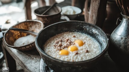 Congee with minced pork and bits of soft egg stirred in, placed in a rustic kitchen setup