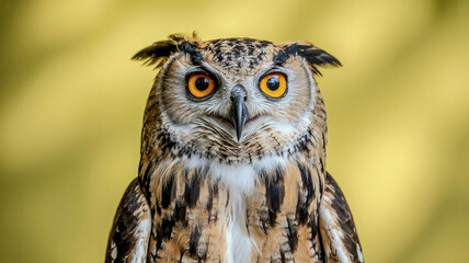 Studio portraiture of a surprised owl isolated on a yellow scope 