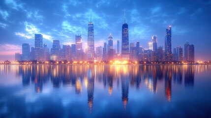 Fototapeta premium City skyline reflected in water at dawn