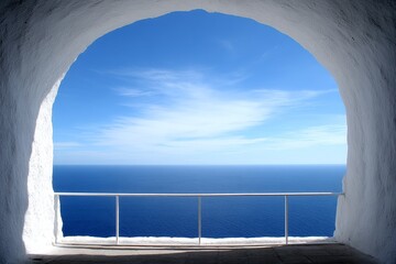 Ocean View from White Cave - Serene ocean view framed by a white cave opening, featuring a simple railing. Peaceful and tranquil seascape