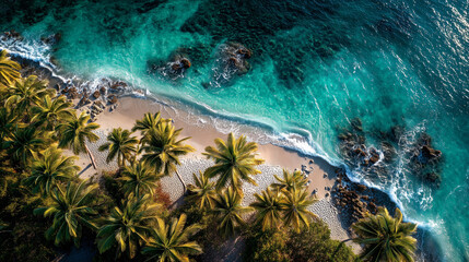 Vibrant tropical beach with turquoise waters and lush palm trees during a sunny day at the coastline