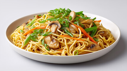 Noodles with Vegetables: A mouthwatering dish of noodles with colorful vegetables, offering a delightful blend of flavors and textures on a simple, bright plate.