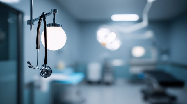 Stethoscope hanging near examination light in empty operating room