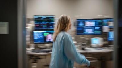 Doctor walking in high tech hospital control room monitoring patient data on multiple screens