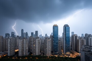 Fototapeta premium Panoramic Cityscape Under Dramatic Lightning Storm - A breathtaking panoramic view of a modern city skyline dramatically illuminated by a powerful lightning storm. Symbolizing power, nature's force