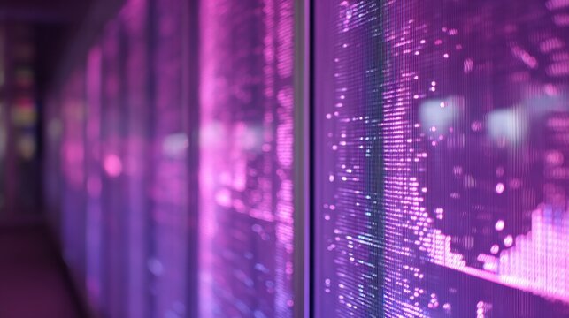 Server racks processing big data with purple lights in a modern data center