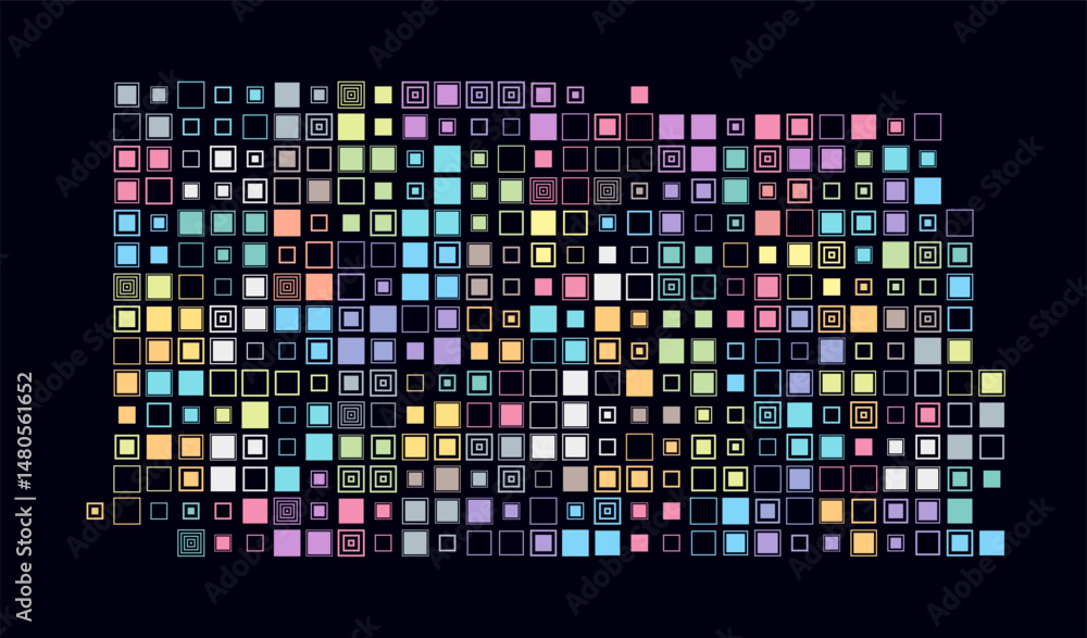 Poster kansas, shape of the state build of colored cells. digital style map of the kansas on dark backgroun