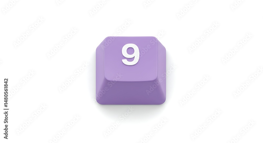 Poster isolated lilac keyboard key with number 9 on white background