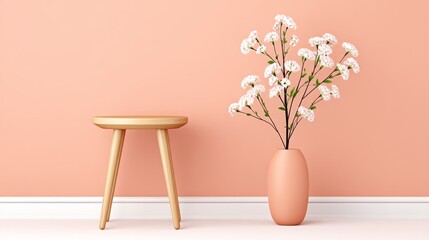 Pastel Room with Wooden Stool and Flowers - Tranquil scene of a peach wall, small wooden stool, and a vase of delicate white flowers. Symbolizing serenity, simplicity, home decor, spring