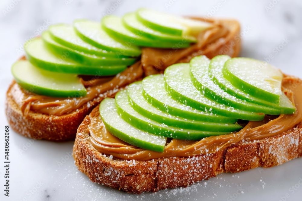 Poster peanut butter and apple toast - two slices of toasted bread topped with peanut butter and thinly sli