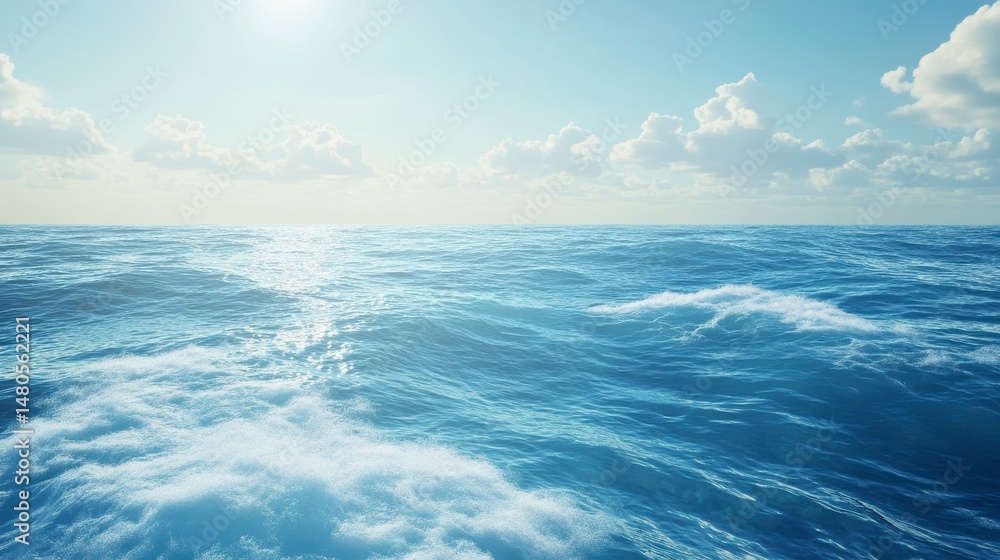 Poster calm ocean surface with small waves under bright sunlight and few clouds in the sky.