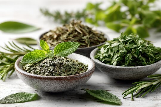 Close-up shot of fresh herbs in bowls, showcasing dried herbs, rosemary, thyme and mint, with a focus on natural culinary ingredients and aromatic flavors.