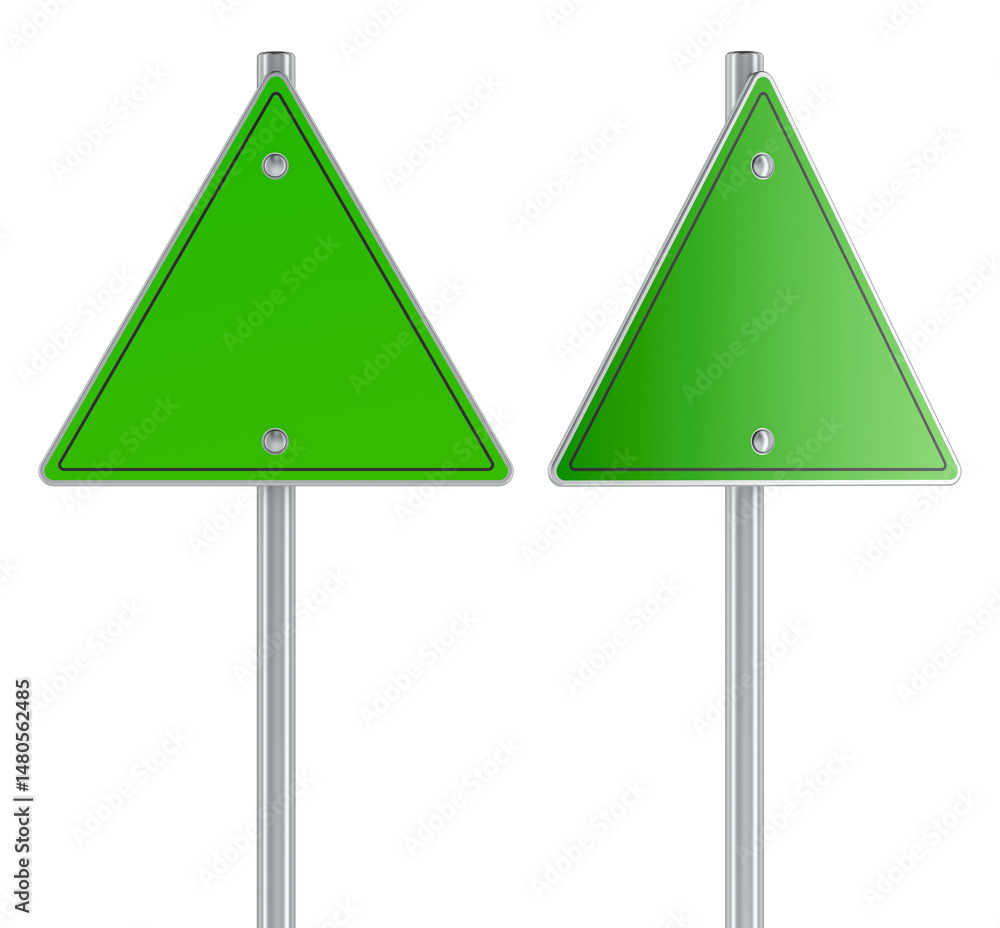 Poster blank green triangular traffic sign with front and side views, 3d illustration isolated on transpare
