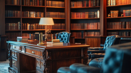 A softly blurred scene of a stylish law office, showcasing a traditional wooden desk, cozy seating, and towering bookshelves filled with legal volumes, creating an inviting and refined environment. 