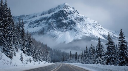 Fototapeta premium Snowy mountain with road and trees