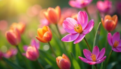 Naklejka premium Vibrant spring flowers in full bloom, showcasing a colorful array of blossoms , spring, sunshine
