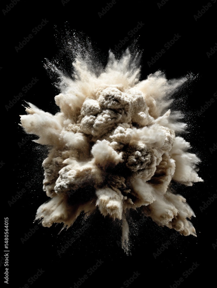 Poster powder explosion on black background studio shot of beige dust cloud in dynamic burst for abstract d