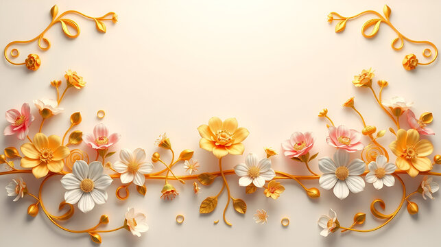 3D ender background of golden floral frame with flowers on top