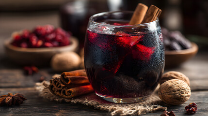 Iced Cinnamon Hibiscus Tea in Frosted Glass with Dried Fruit on Rustic Table (AI Image)