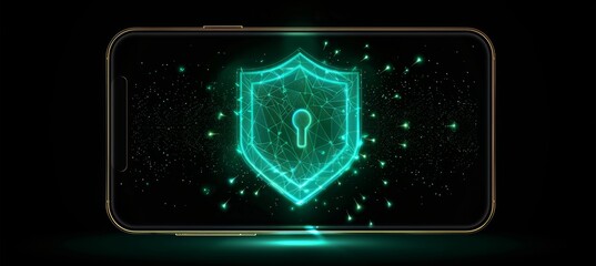 Futuristic cybersecurity shield  glowing blue protection layers and firewall concept on black phone