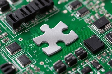 Puzzle Piece on Circuit Board - A silver puzzle piece rests on a green circuit board, symbolizing the complex interconnectedness of technology and problem-solving