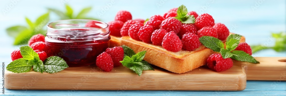 Poster raspberry toast with homemade jam - delicious toasted bread topped with fresh raspberries and served