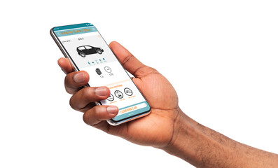Car sharing. Black man using car rent application on mobile phone, isolated on white background