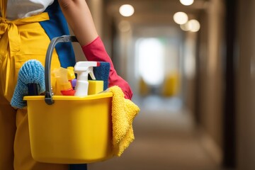 Close-up of a cleaning lady holding a bucket full of cleaning supplies in the hallway, ready to clean the building and providing sanitation services with bright colors.