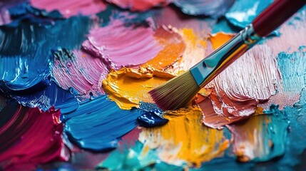 Paintbrush on a Palette with Mixed Colors