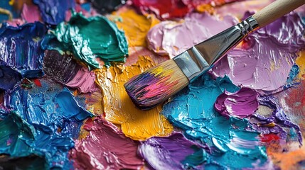 Paintbrush on a Palette with Multicolored Oil Paints