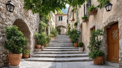 Authentic Charm of Old Mediterranean Town: Alleyway Staircase with Potted Plants and Worn Textures