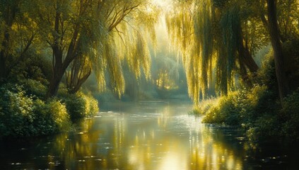 Obraz premium Sunlit River with Weeping Willows, and Dawn.