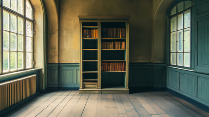 Obraz premium An unfurnished room with a single, standalone bookcase, highlighting its simple architectural features