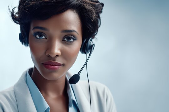 A pretty young black woman is a telephone support or call center operator. Short hair. Gorgeous hair. She has a phone headset on her head. She looks at the viewer and smiles sweetly