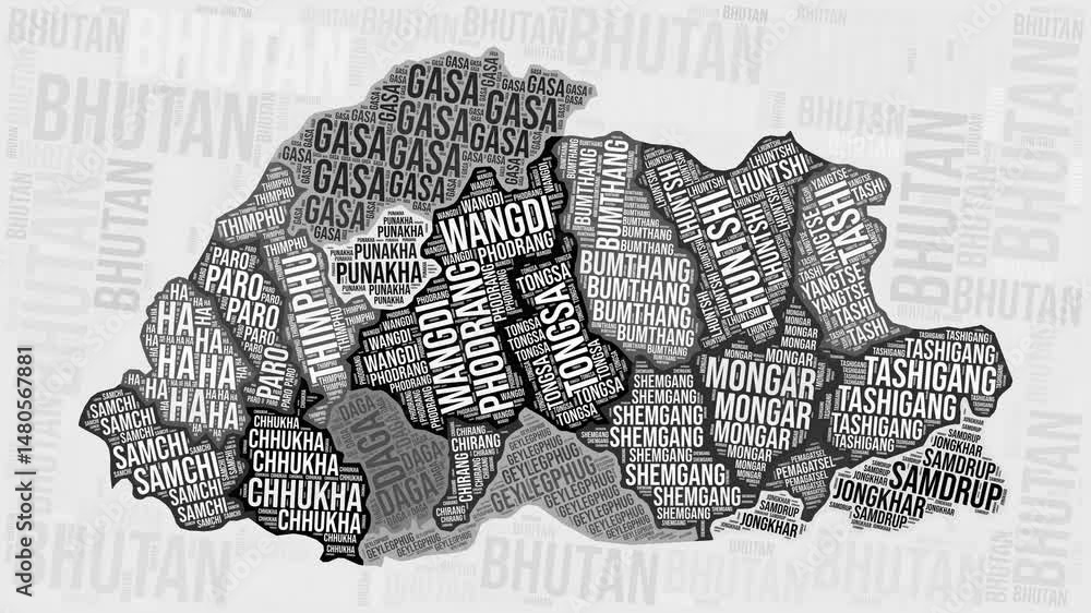 Poster bhutan animation. visual effect of bhutan regions appearing in black and white word clouds style. co