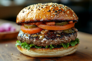 Close-up view of a gourmet burger on a wooden surface.