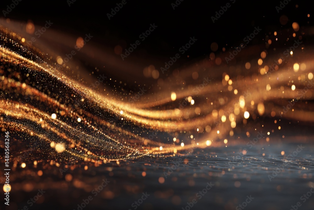 Poster golden glitter streams flow in abstract motion on dark background studio shot with bokeh effect and 