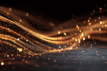 Golden glitter streams flow in abstract motion on dark background studio shot with bokeh effect and depth of field for luxury design