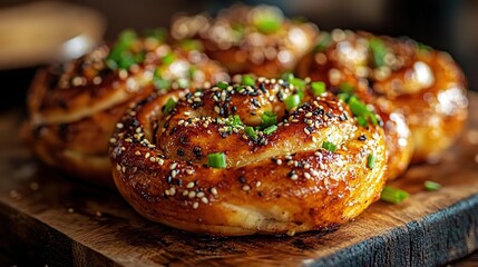 Golden Brown Sesame Seed and Green Onion Buns on a Wooden Board