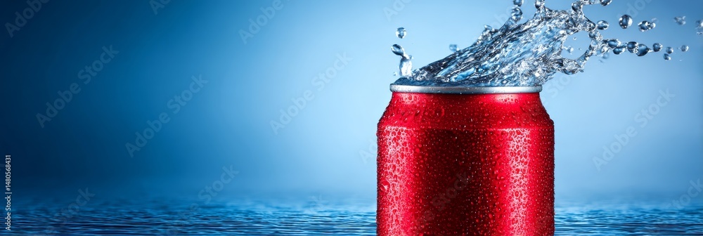 Aufkleber refreshing red can with splashing water - close-up of a cold red can with water splashing on top, se