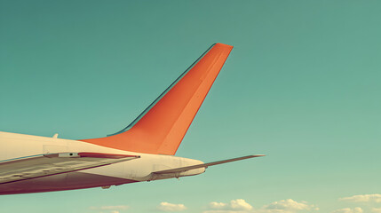Airplane wing against a bright blue sky during flight. Orange and white colors are visible.