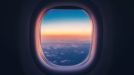 View of sky and clouds through an airplane window during sunset.