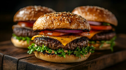 Three delicious looking gourmet hamburgers on a wooden board.