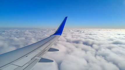 Airplane wing above a sea of clouds against a bright blue sky.