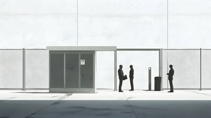 Fototapeta premium Silhouetted people stand near a modern building entrance in a minimalist setting.