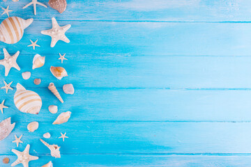Simple minimal pattern background with seashells and starfish. Summer sale, holiday and travel...